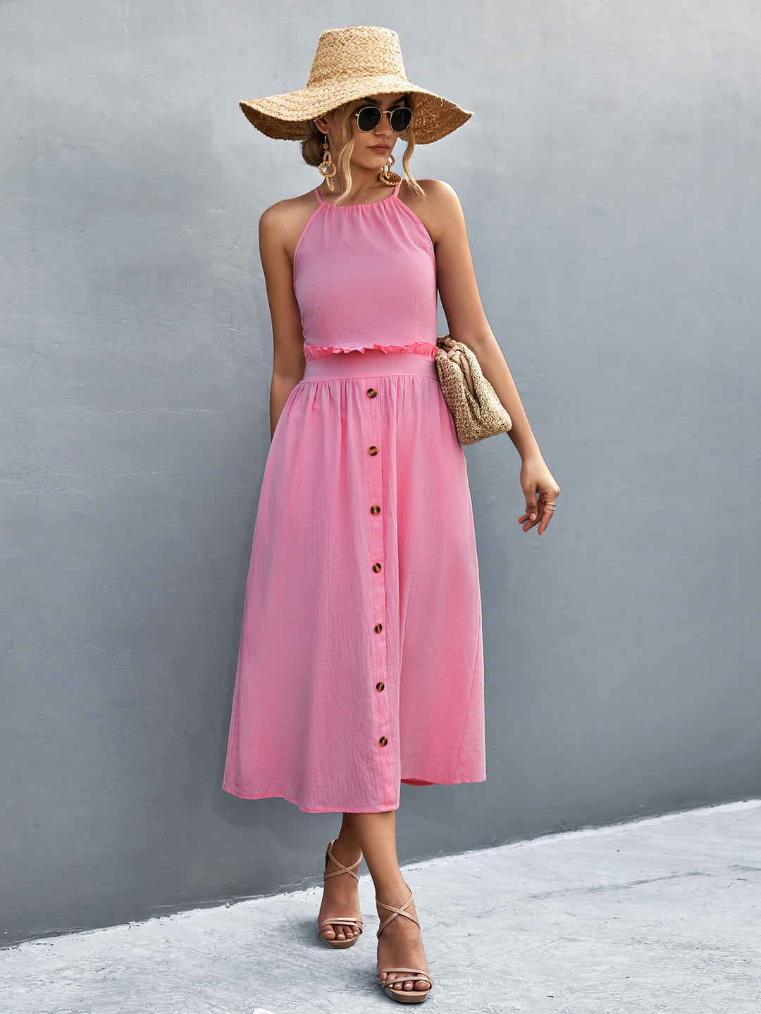 Buttoned Halter Neck Frill Trim Midi Dress - Runway Frenzy