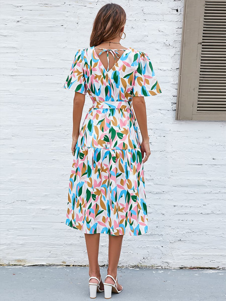 Printed Tie-Waist V-Neck Flutter Sleeve Dress - Runway Frenzy