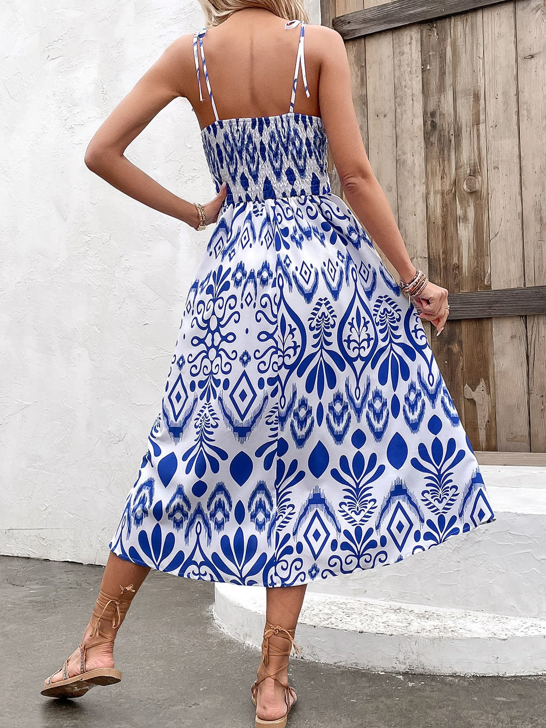 Printed Tie Shoulder Sweetheart Neck Dress - Runway Frenzy