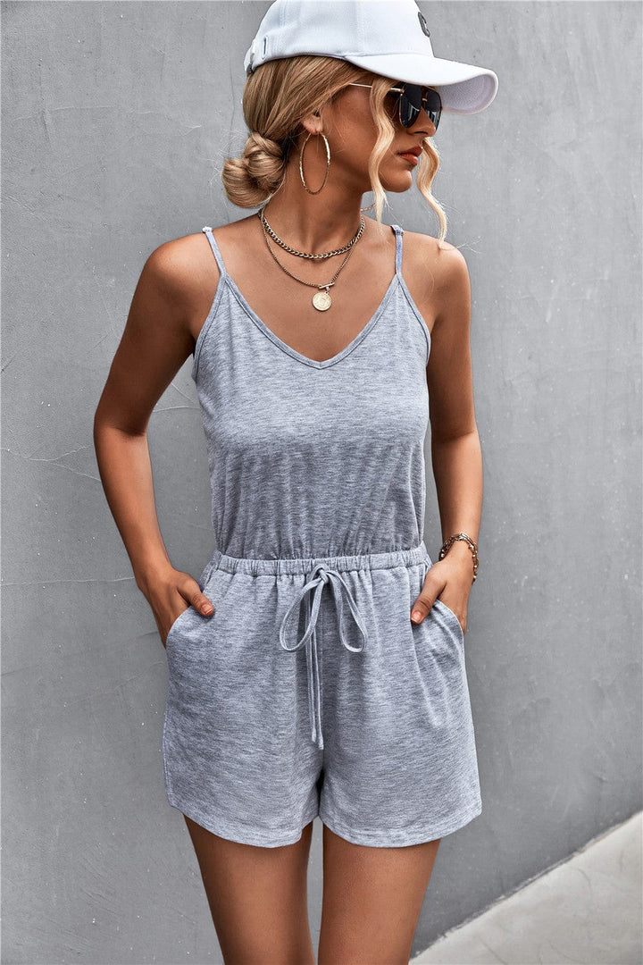 Spaghetti Strap V-Neck Pocket Romper - Runway Frenzy 