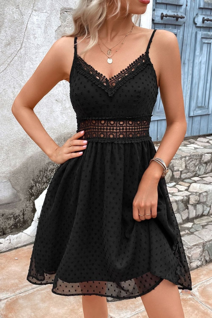 Swiss Dot Spaghetti Strap Spliced Lace Dress - Runway Frenzy