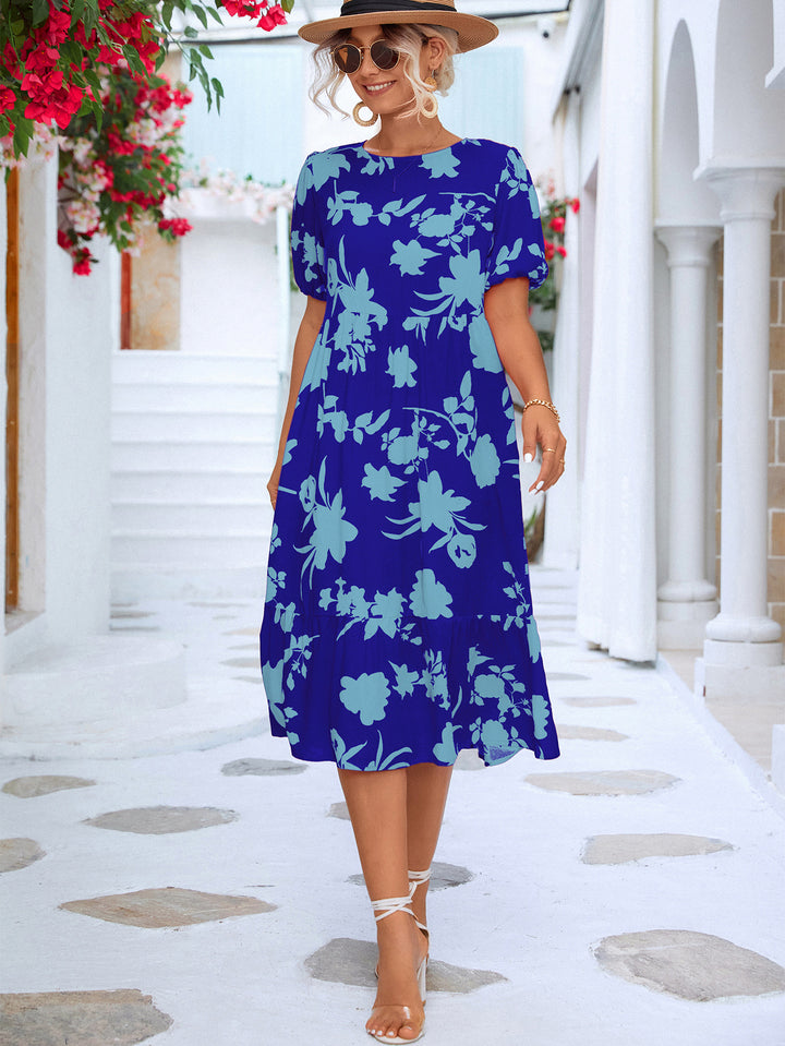 Floral Puff Sleeve Ruffle Hem Midi Dress - Runway Frenzy