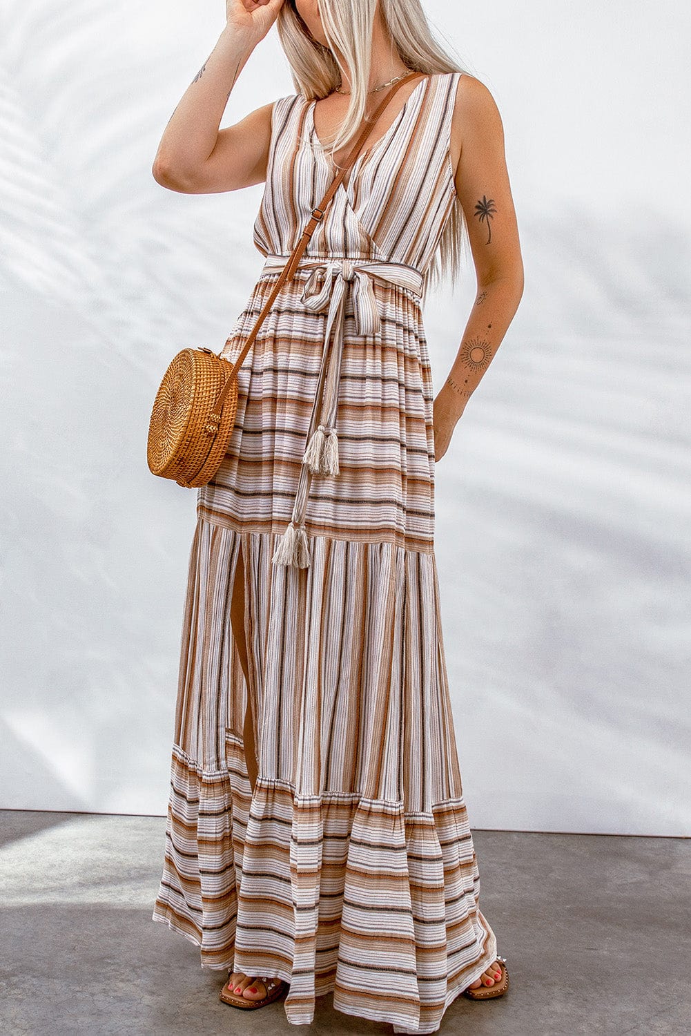 Striped Tie Waist Slit Sleeveless Dress - Runway Frenzy 