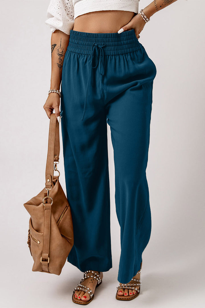 Drawstring Smocked Waist Wide Leg Pants - Runway Frenzy