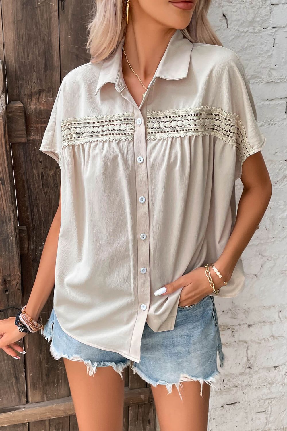 Button Front Lace Trim Curved Hem Blouse - Runway Frenzy