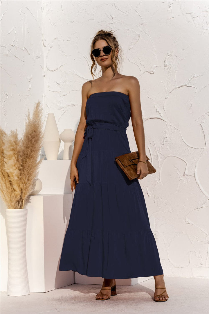 Strapless Tie Waist Tiered Maxi Dress - Runway Frenzy 