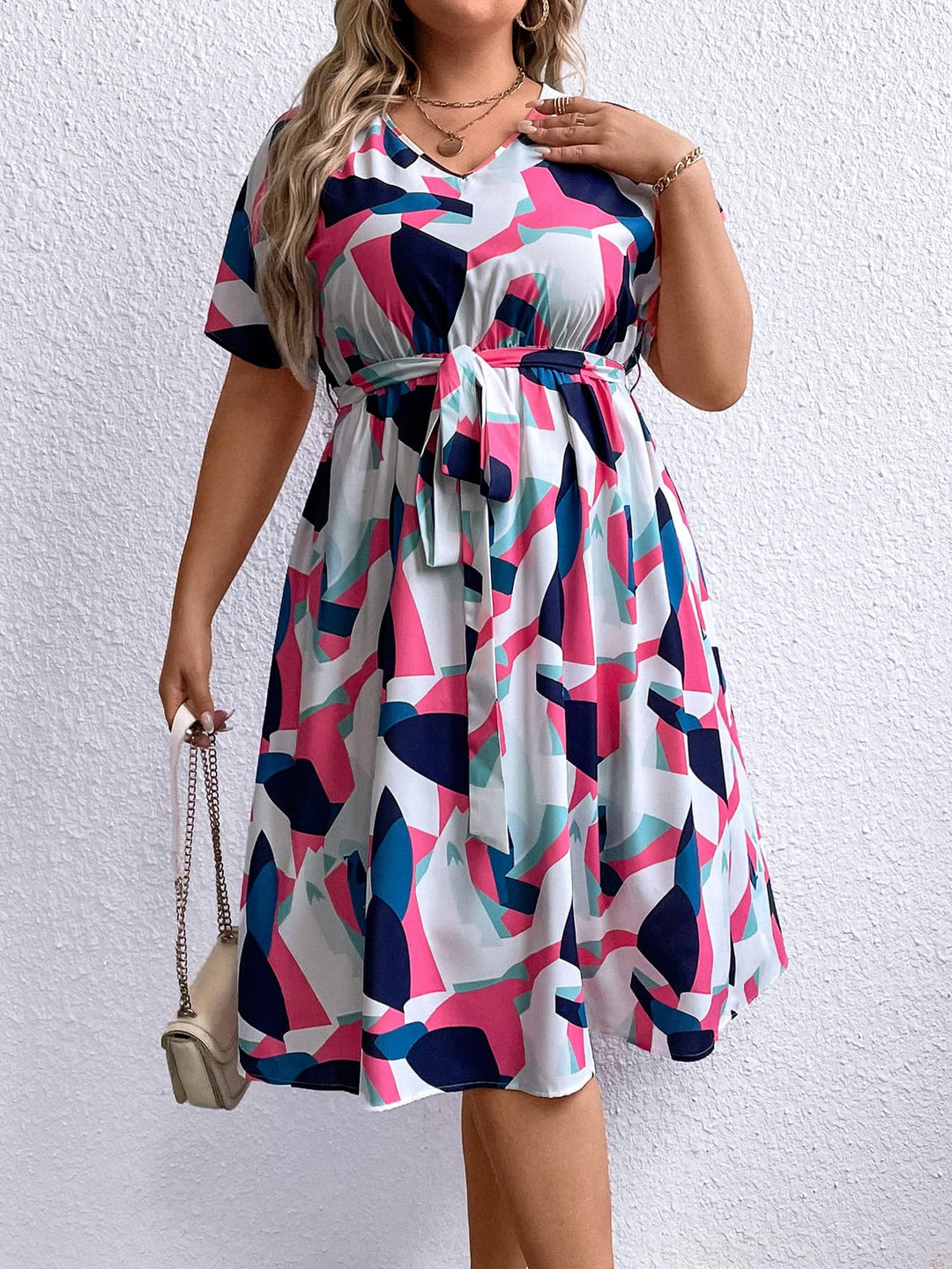 Plus Size Multicolored V-Neck Tie Waist Dress - Runway Frenzy 