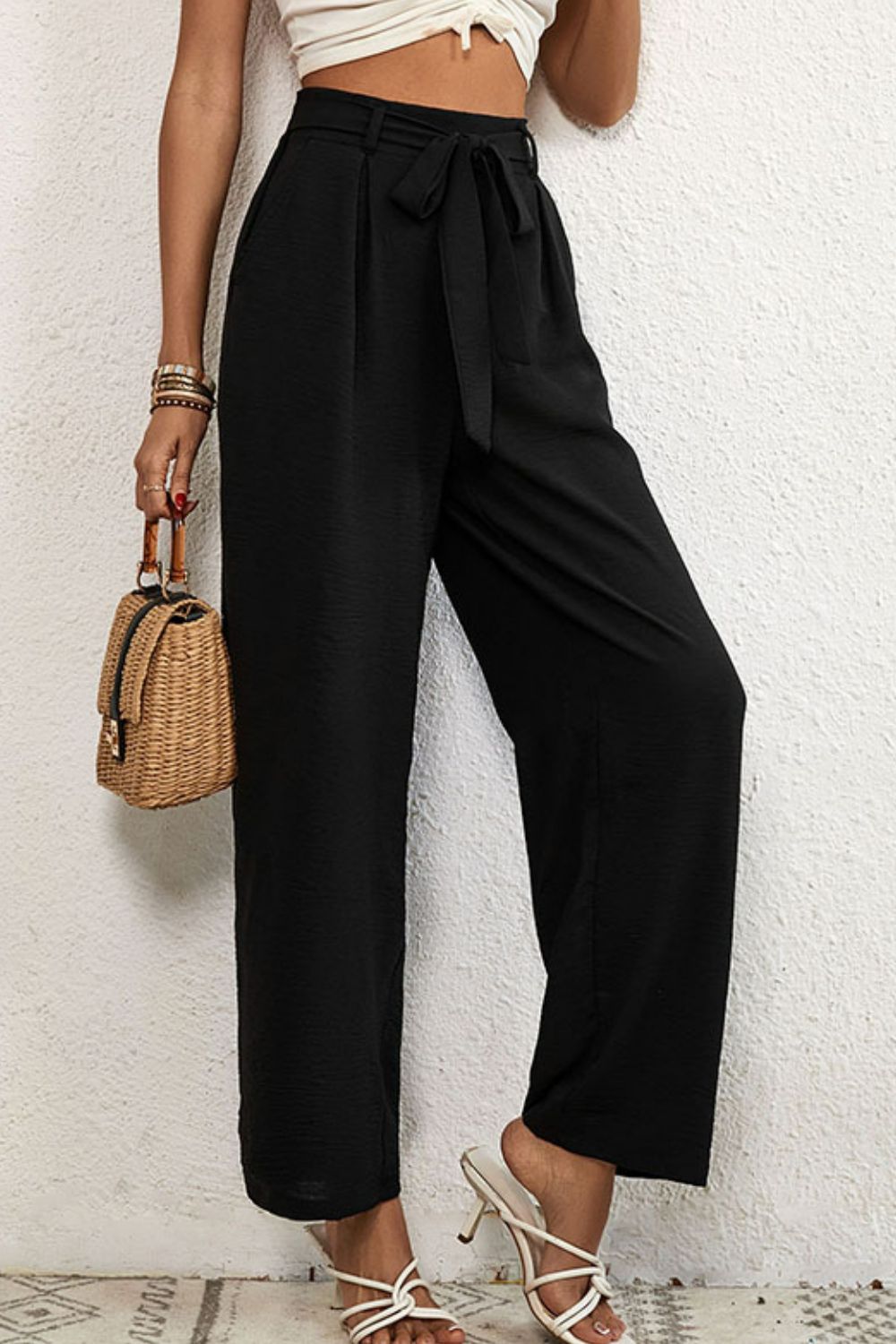 Belted Pleated Waist Wide Leg Pants - Runway Frenzy