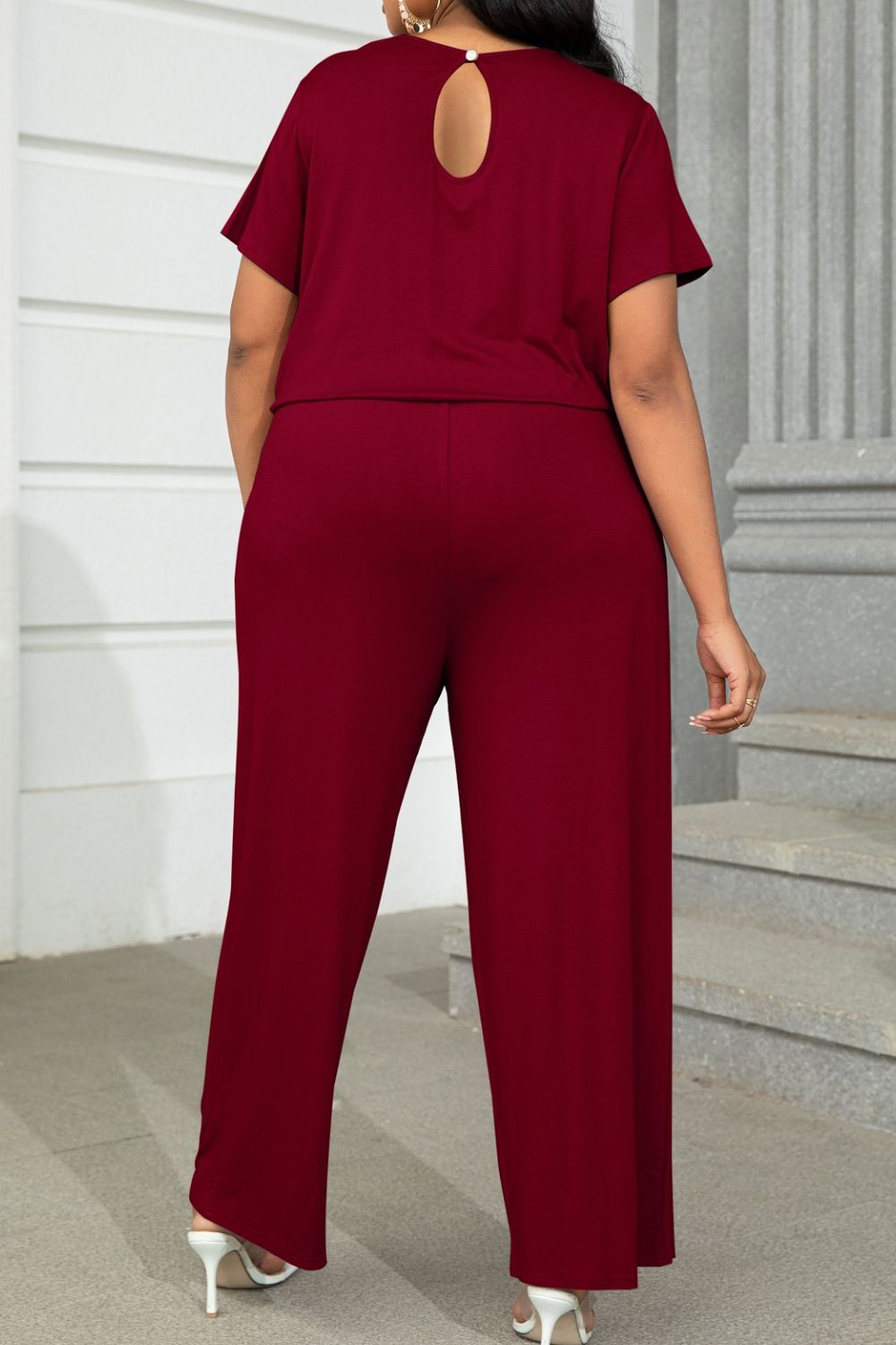 Plus Size Drawstring Waist Short Sleeve Jumpsuit - Runway Frenzy 