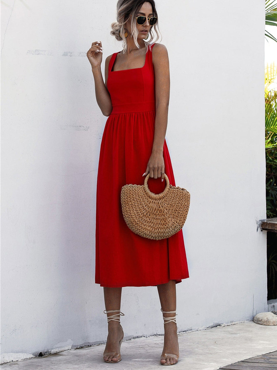 Square Neck Sleeveless Smocked Midi Dress - Runway Frenzy 