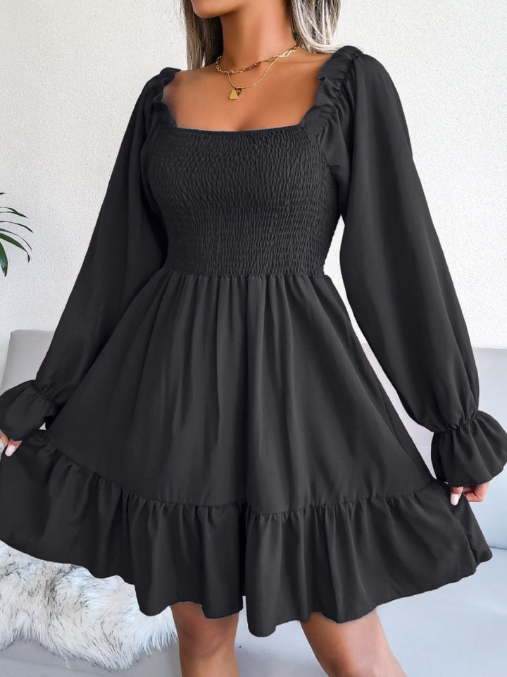 Smocked Flounce Sleeve Square Neck Dress - Runway Frenzy 