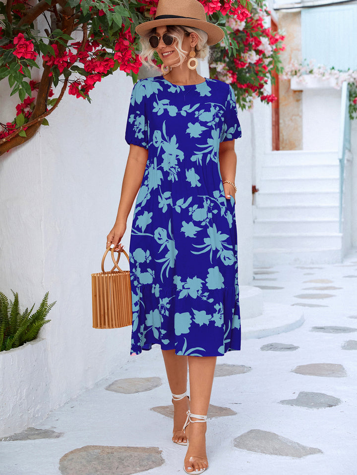 Floral Puff Sleeve Ruffle Hem Midi Dress - Runway Frenzy