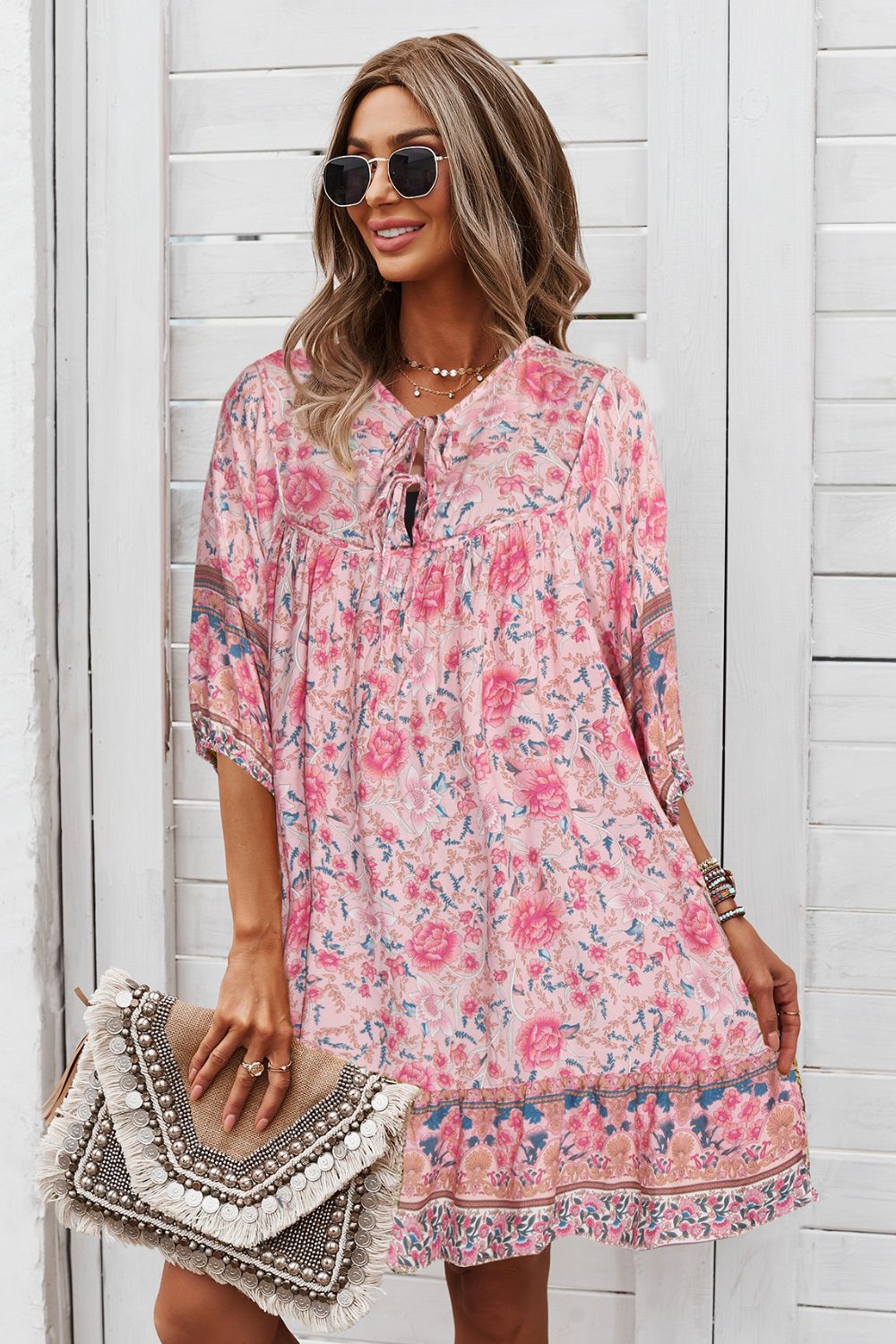 Bohemian Tie Neck Mini Dress - Runway Frenzy