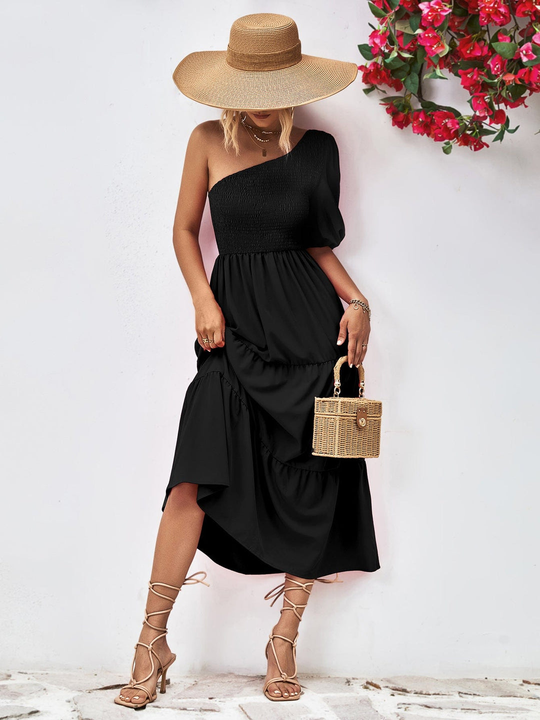 Smocked One-Shoulder Midi Dress - Runway Frenzy 