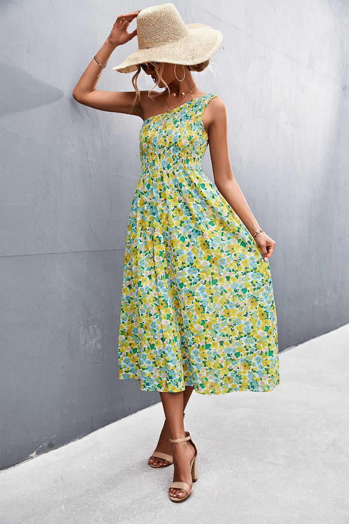 Floral Smocked One-Shoulder Midi Dress - Runway Frenzy