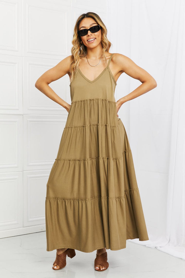 Zenana Full Size Spaghetti Strap Tiered Dress with Pockets in Khaki - Runway Frenzy 