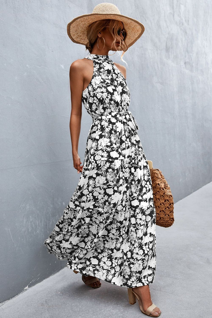 Printed Sleeveless Tie Waist Maxi Dress - Runway Frenzy 