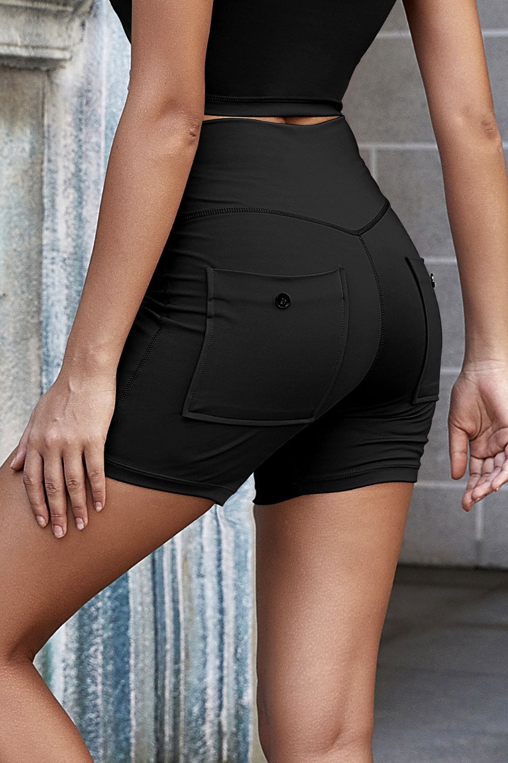 Exposed Seam Decorative Button Yoga Shorts - Runway Frenzy