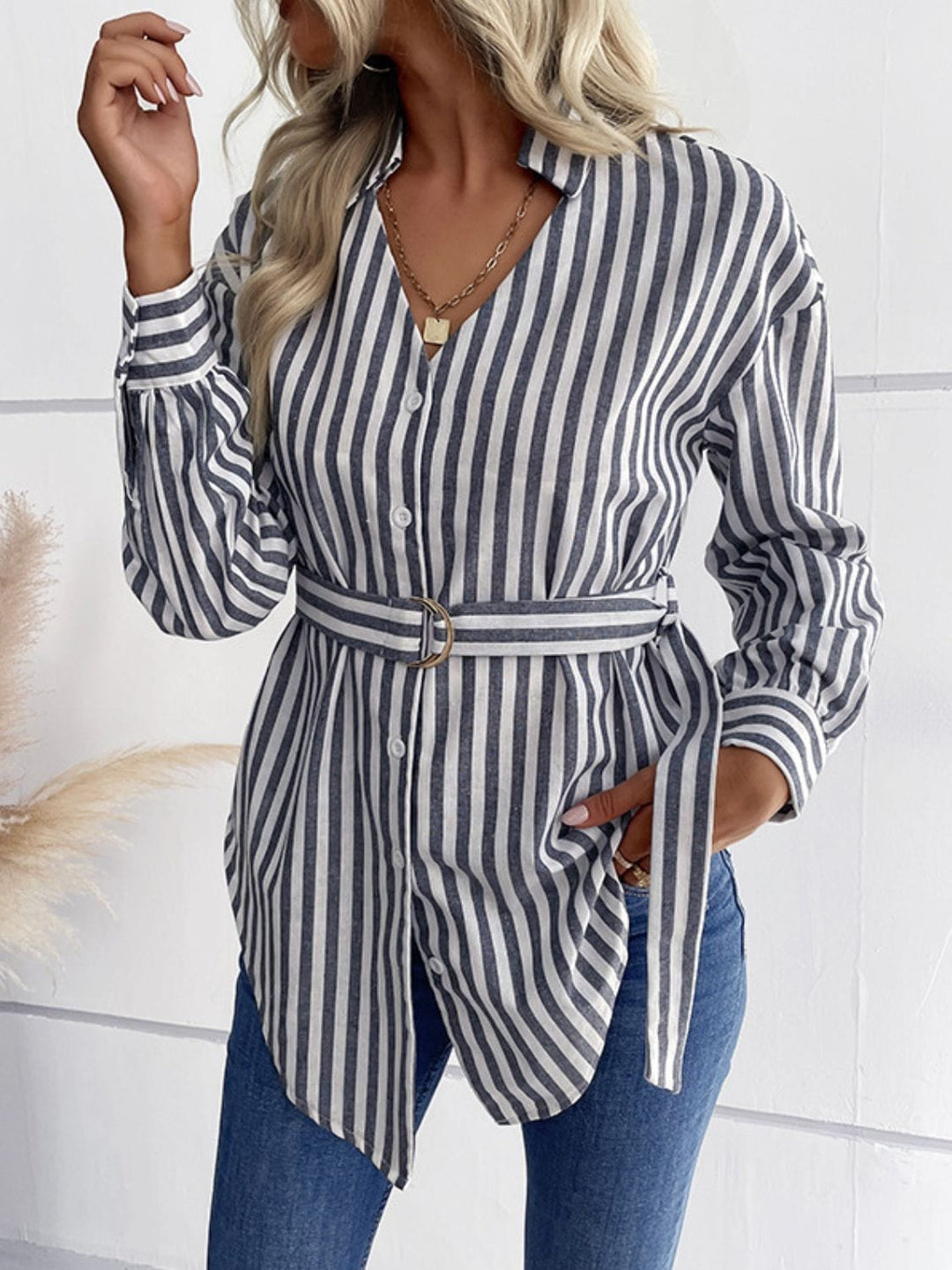 Striped Curved Hem Belted Shirt - Runway Frenzy 