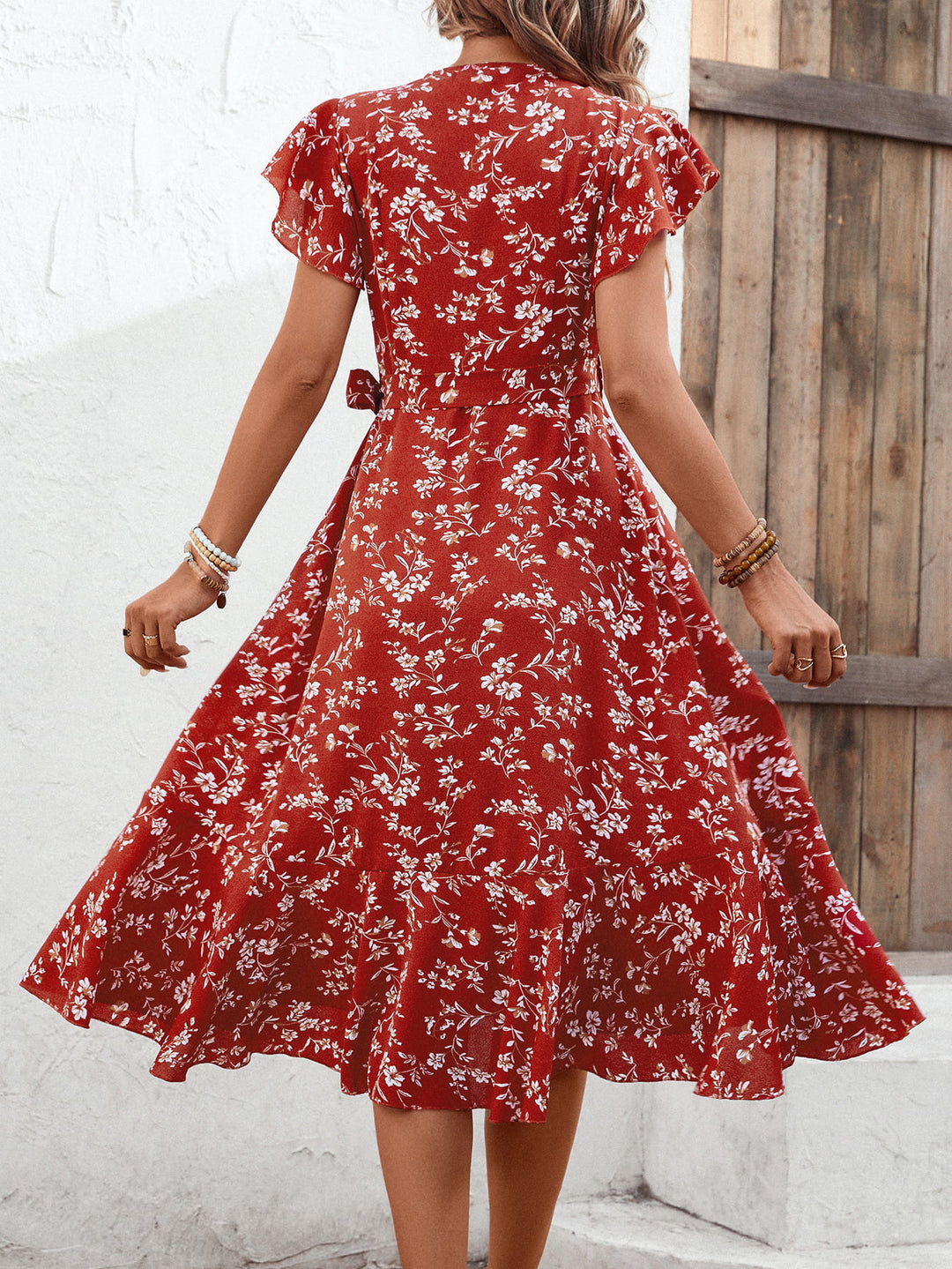 Floral Surplice Neck Flutter Sleeve Dress - Runway Frenzy