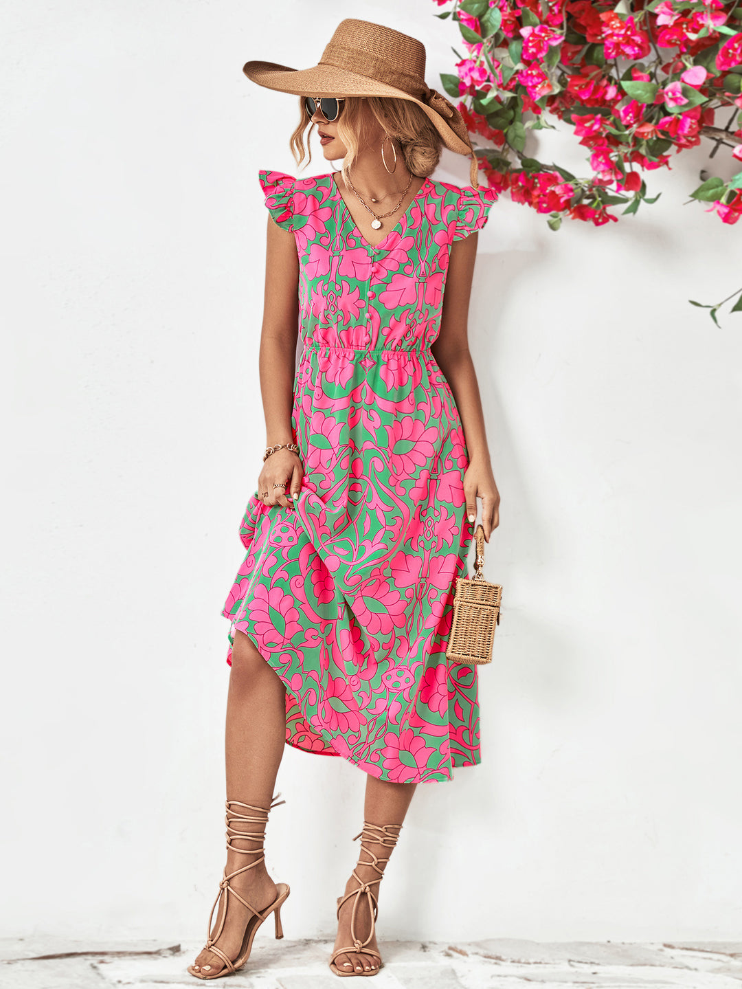 Floral V-Neck Cap Sleeve Dress - Runway Frenzy