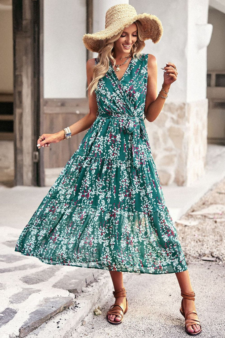 Floral Belted Surplice Sleeveless Tiered Dress - Runway Frenzy