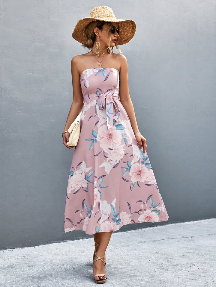 Floral Print Tie Waist Straight Neck Midi Dress - Runway Frenzy