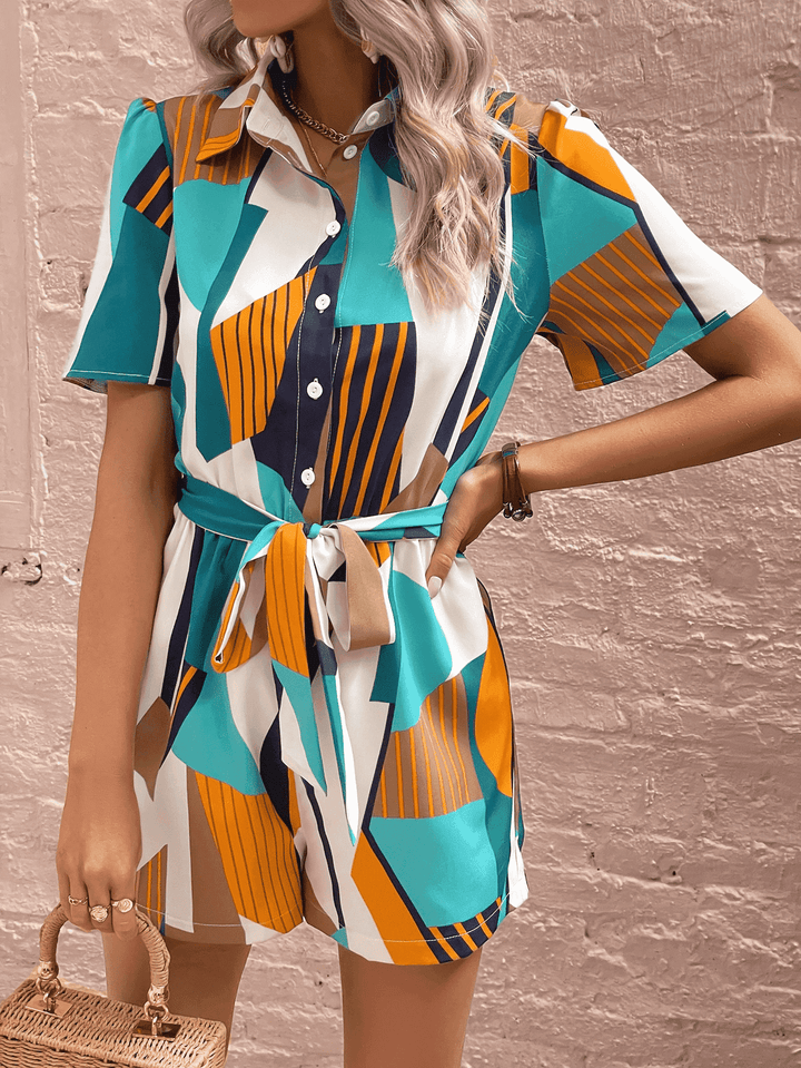 Geometric Puff Sleeve Tie Belt Romper - Runway Frenzy