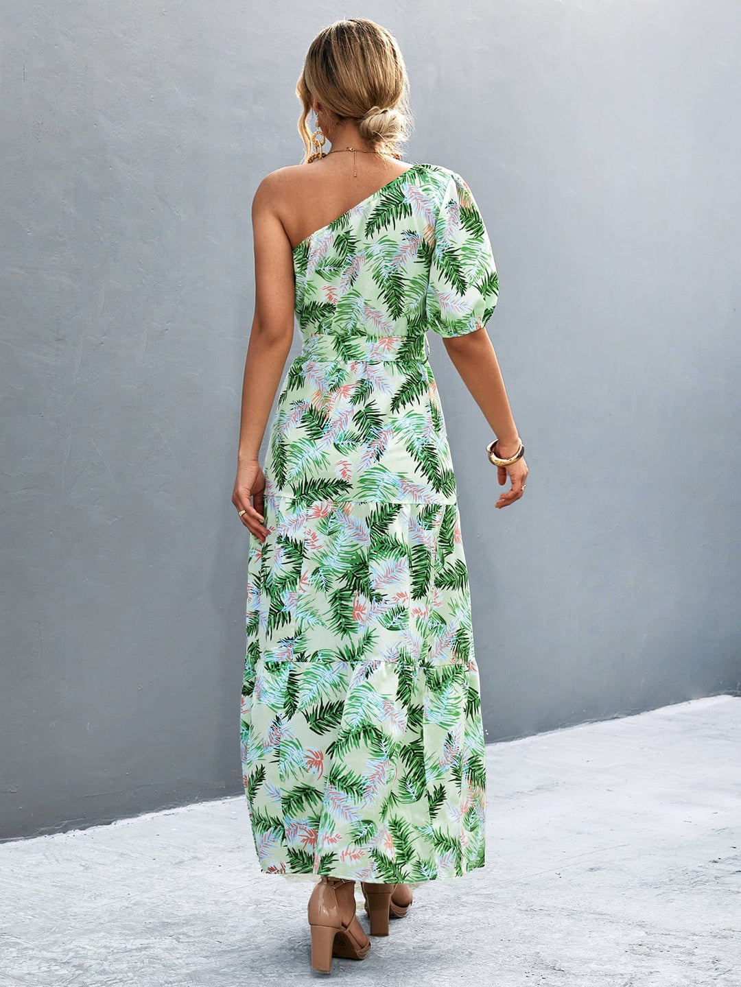 Printed Tie Waist One Shoulder Maxi Dress - Runway Frenzy