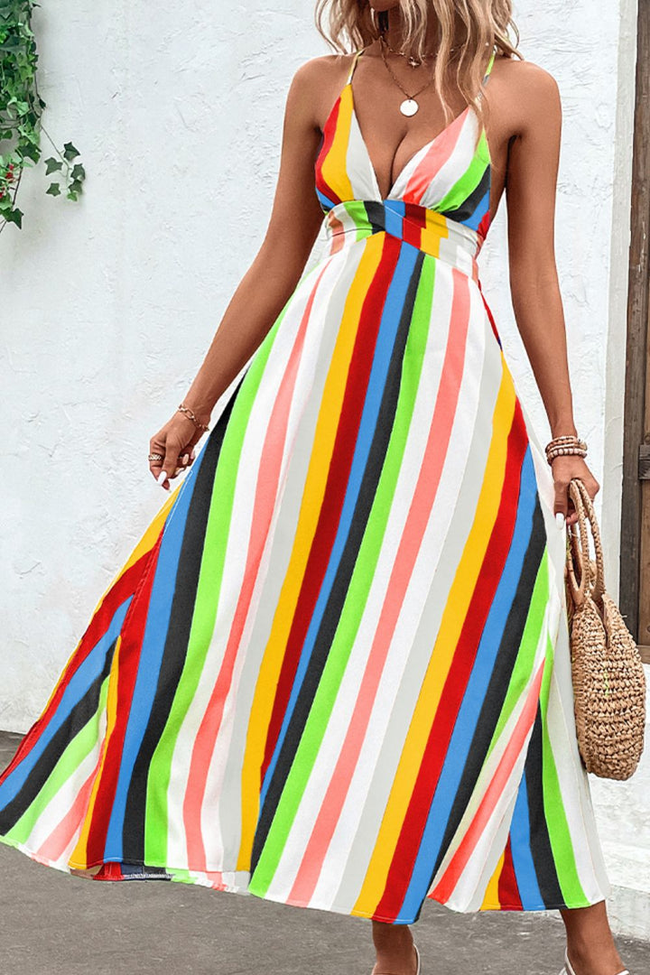 Multicolored Stripe Crisscross Backless Dress - Runway Frenzy 