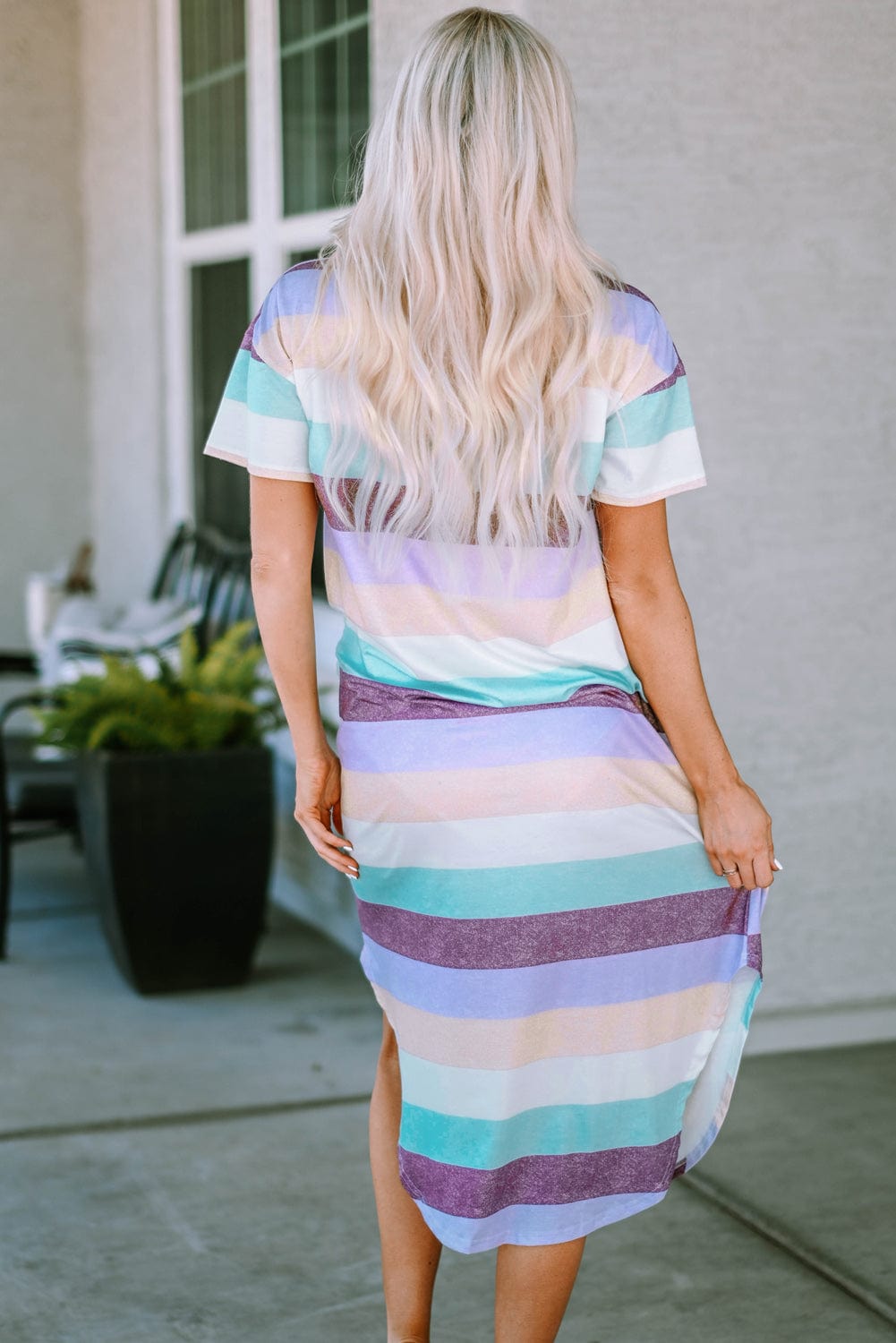 Striped V-Neck Curved Hem Midi Dress - Runway Frenzy 