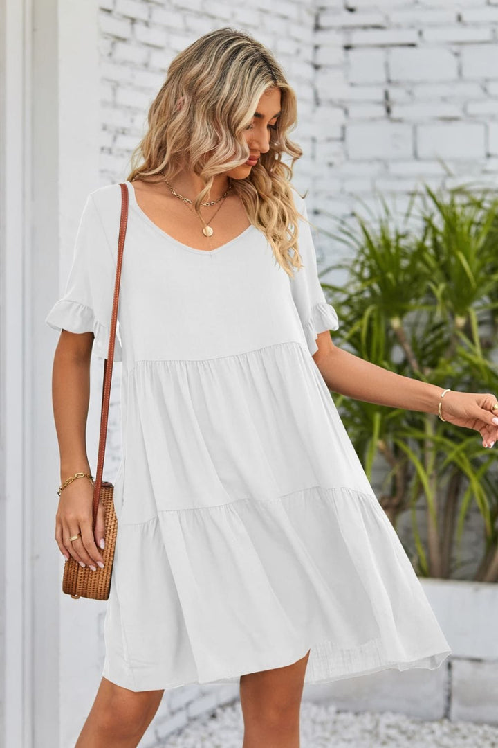 V-Neck Flounce Sleeve Tiered Dress - Runway Frenzy 