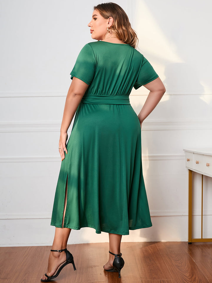 Plus Size Short Sleeve Surplice Neck Midi Dress - Runway Frenzy 