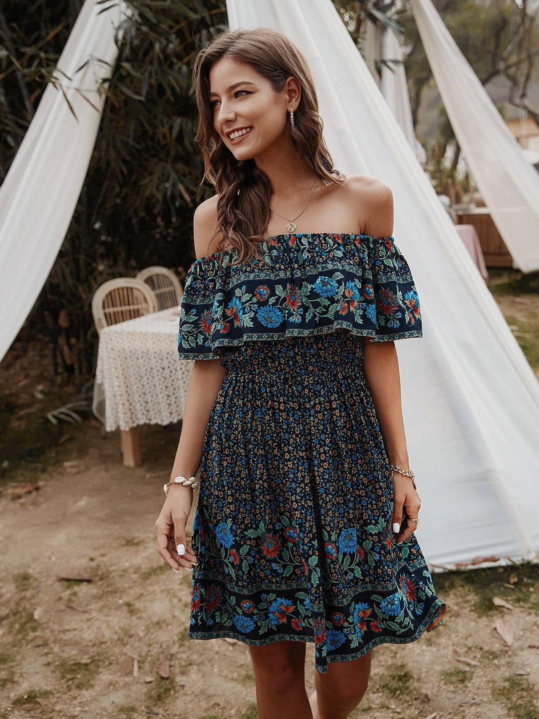 Bohemian Print Off-Shoulder Strapless Knee Length Dress - Runway Frenzy