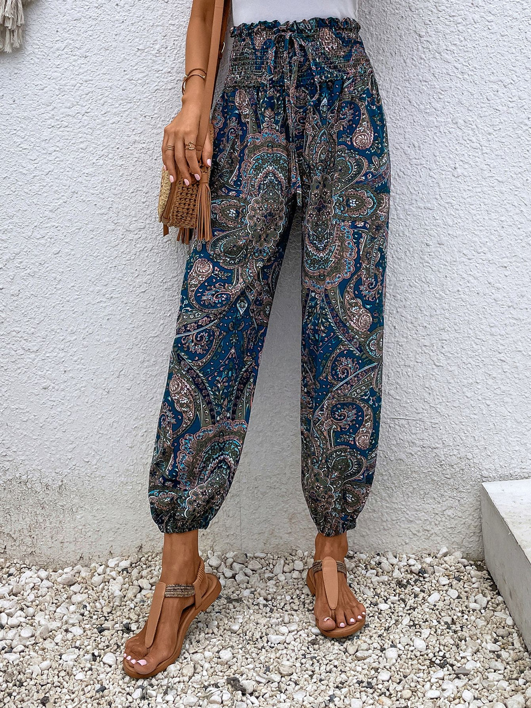 Paisley Print Smocked High-Waist Pants - Runway Frenzy 