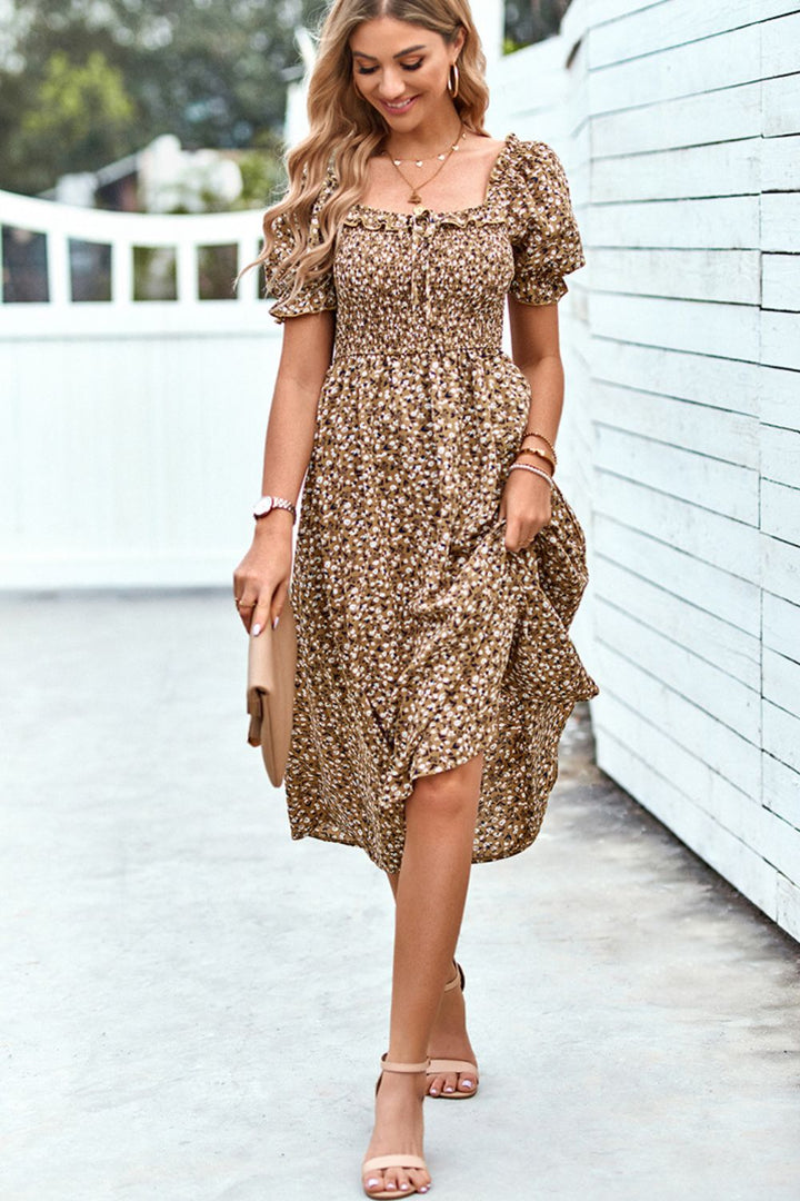 Floral Ruffled Square Neck Dress with Pockets - Runway Frenzy