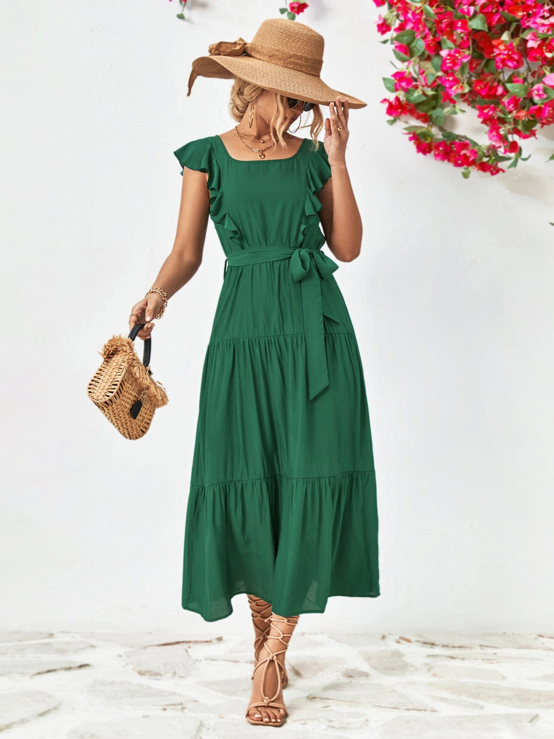 Tie Belt Ruffled Tiered Dress - Runway Frenzy 