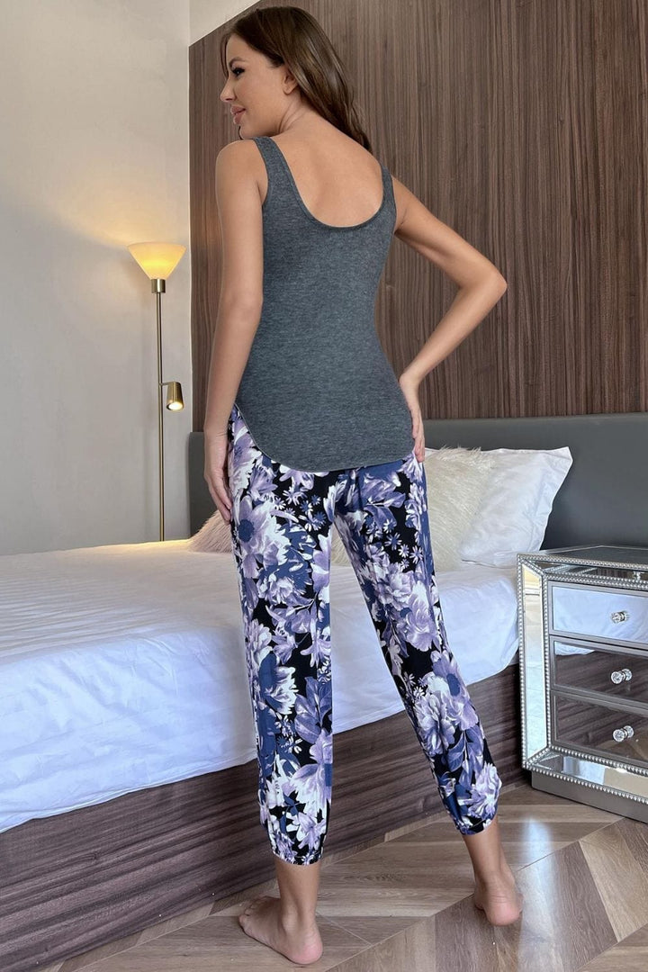 Scoop Neck Tank and Floral Cropped Pants Lounge Set - Runway Frenzy 