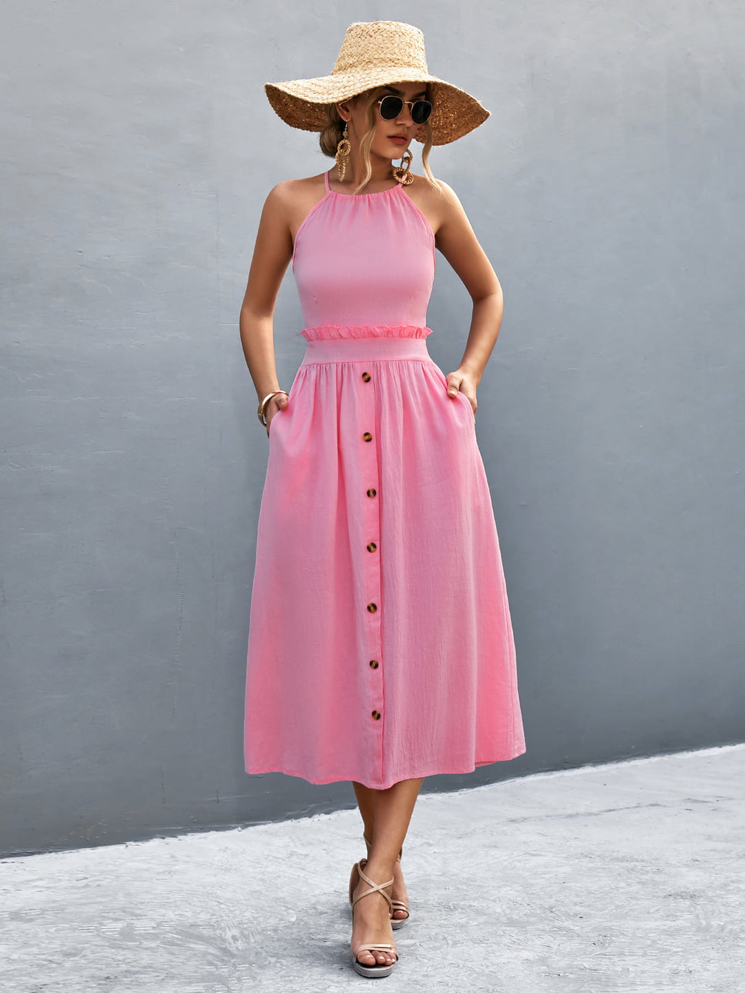 Buttoned Halter Neck Frill Trim Midi Dress - Runway Frenzy