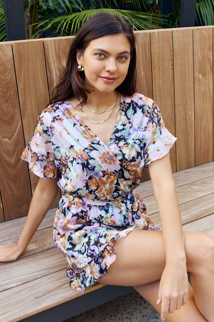 Petal Dew Full Size Floral Tie Belt Ruffled Romper - Runway Frenzy 