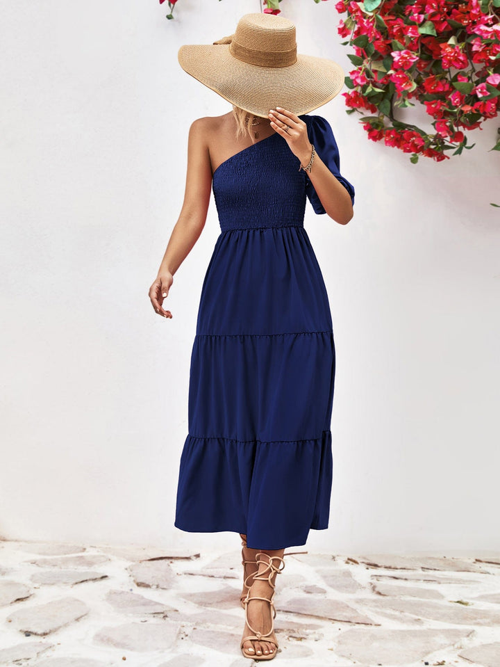 Smocked One-Shoulder Midi Dress - Runway Frenzy 