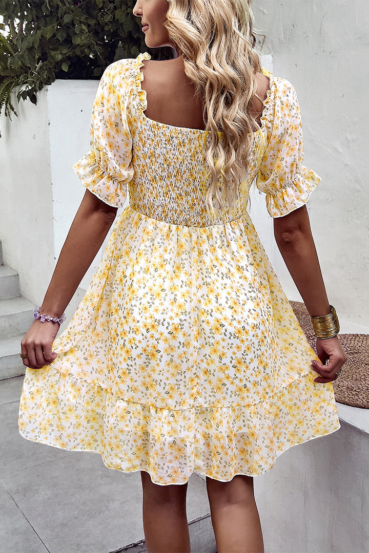 Floral Smocked Square Neck Flounce Sleeve Dress - Runway Frenzy