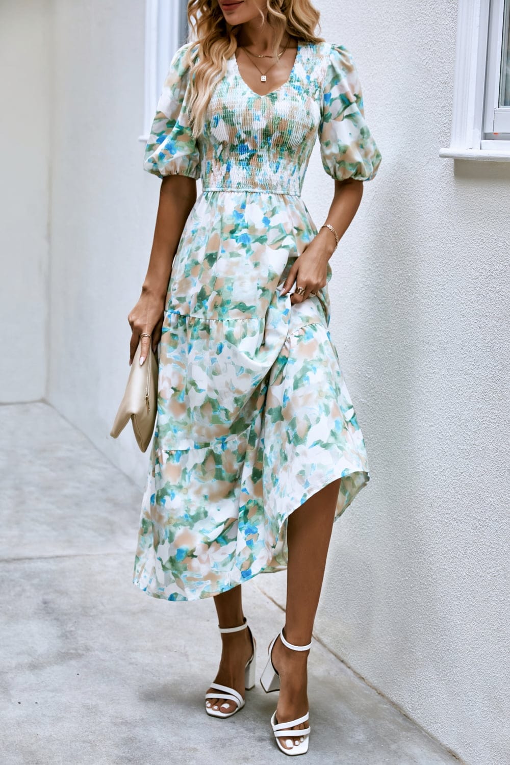 V-Neck Balloon Sleeve Smocked Midi Dress - Runway Frenzy 