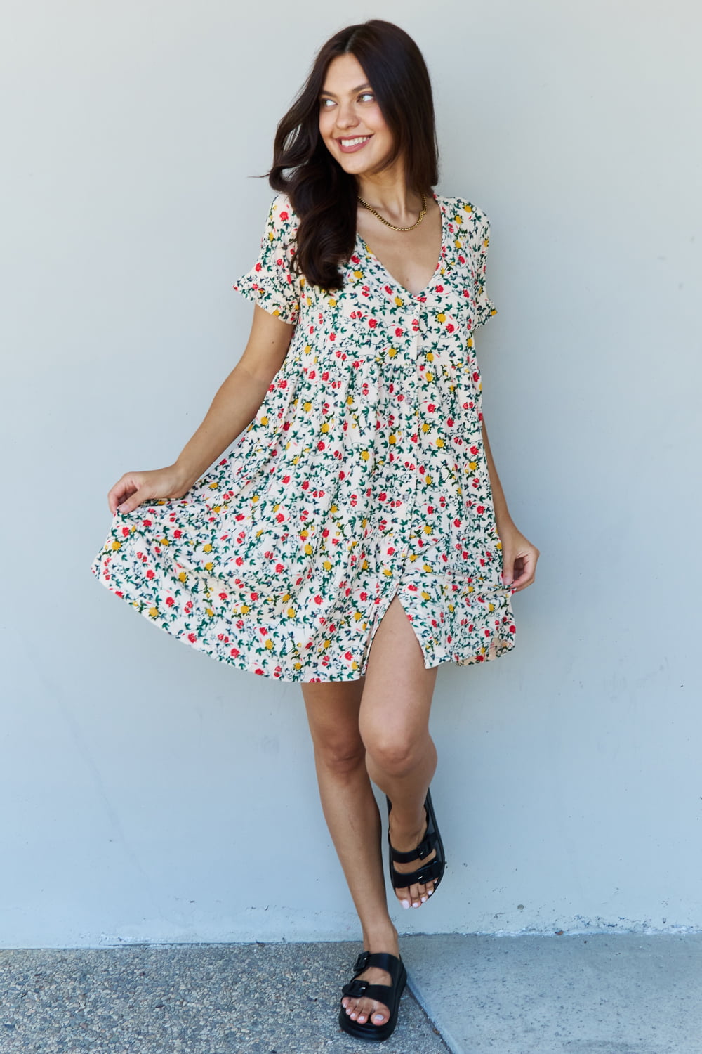 Ninexis Follow Me Full Size V-Neck Ruffle Sleeve Floral Dress - Runway Frenzy 