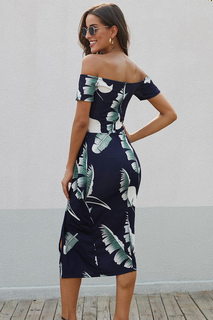 Printed Off-Shoulder Split Dress - Runway Frenzy 