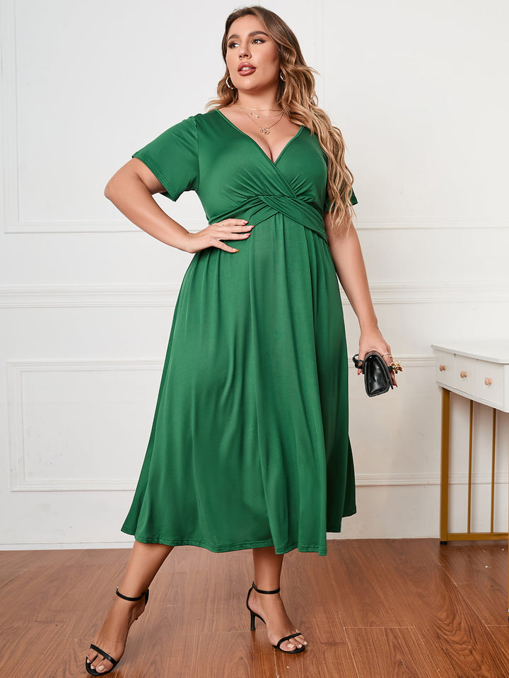 Plus Size Short Sleeve Surplice Neck Midi Dress - Runway Frenzy 