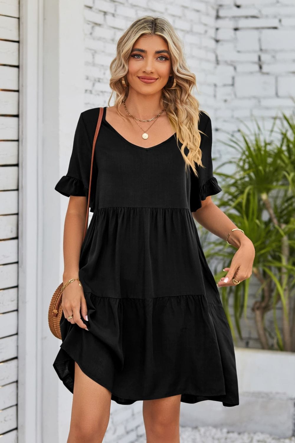 V-Neck Flounce Sleeve Tiered Dress - Runway Frenzy 