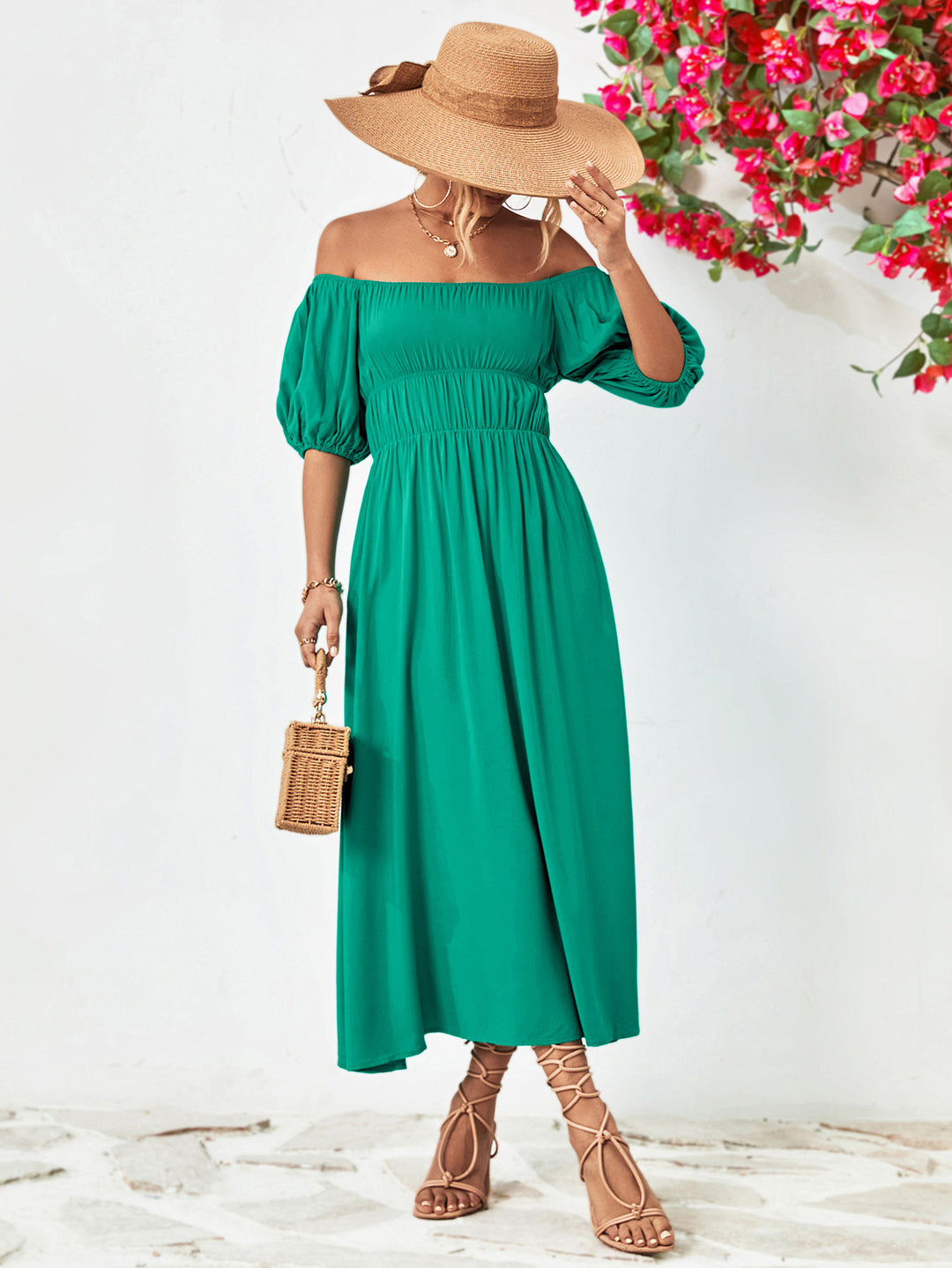 Off-Shoulder Balloon Sleeve Midi Dress - Runway Frenzy 