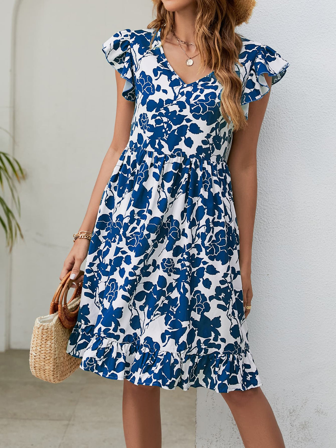 Floral V-Neck Flutter Sleeve Dress - Runway Frenzy