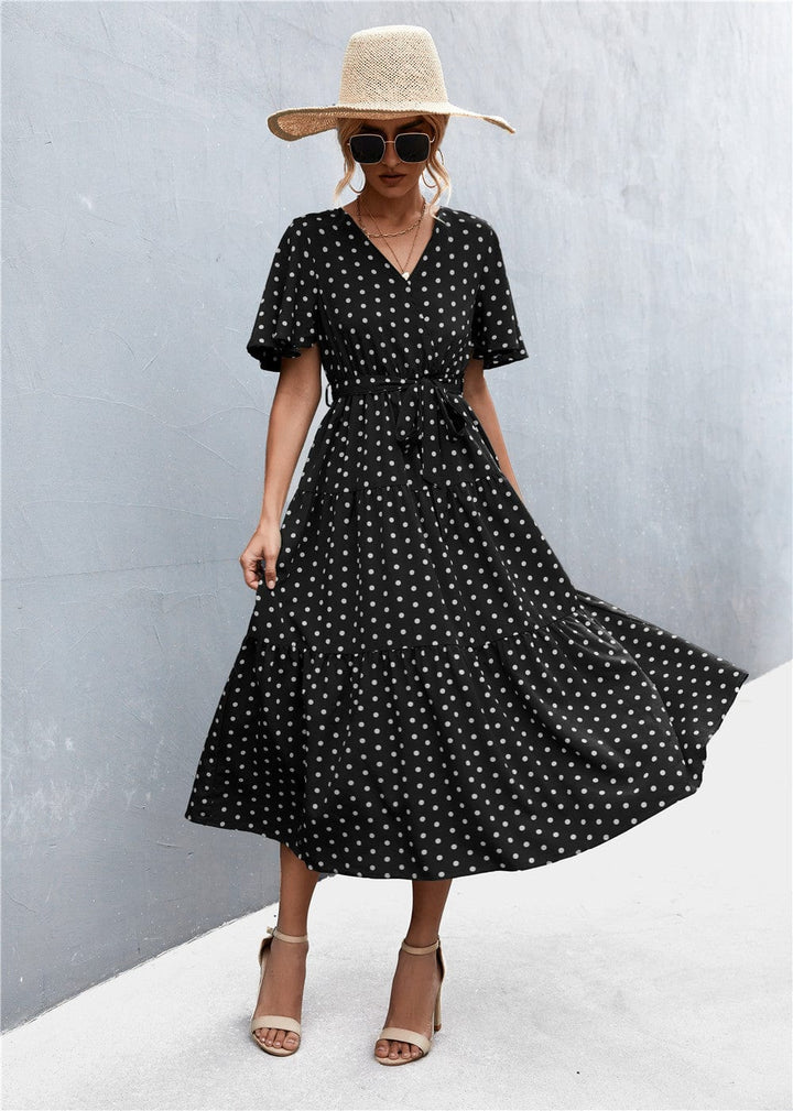 Printed V-Neck Flutter Sleeve Belted Dress - Runway Frenzy